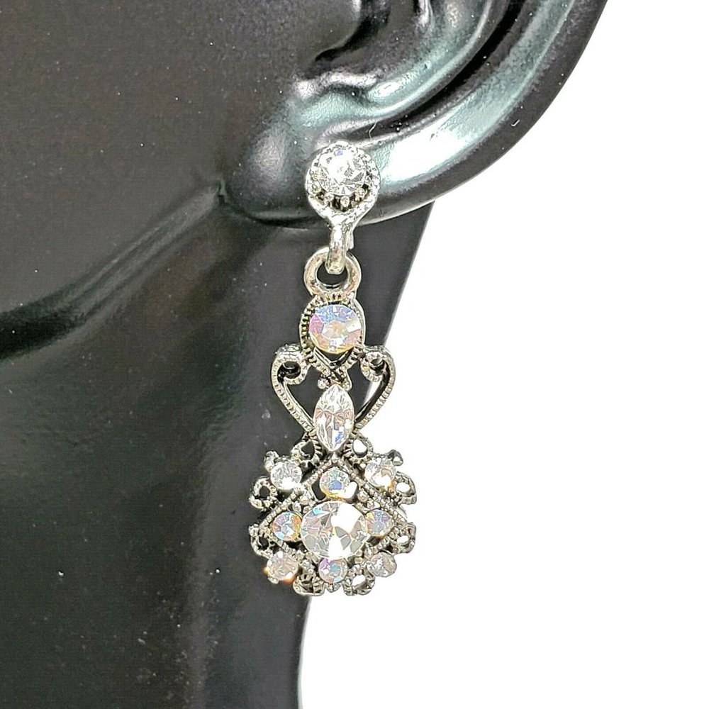 Silver Aurora Borealis Crystals Dangle Earrings